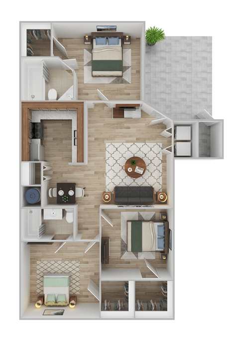 Floor plan for 3 beds, 2 baths, 1079 sqft
